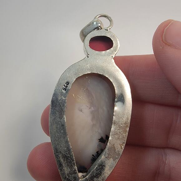 Necklace Pendants Dendritic Agate Red Coral Handmade Jewelry in Silver Setting - Picture 3 of 10